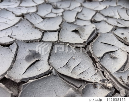 Dried earth reveals cracking patterns under scorching sunlight 142638153