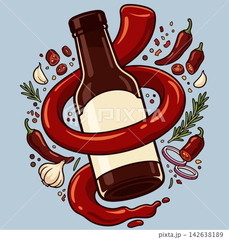 vector illustration of hot sauce or chili sauce glass bottle mockup surrounded by fresh red chili peppers, garlic, onion rings, and herbs on purple background, commercial stock banner vector illustration of hot sauce or chili sauce glass bottle mockup surrounded by fresh red chili peppers, garlic, onion rings, and herbs on purple background, commercial stock banner 142638189
