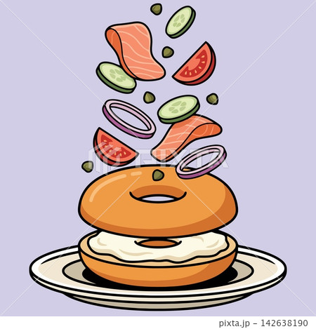 vector illustration of bagel sandwich with cream cheese, smoked salmon, sliced red onion, cucumber, and tomato slices floating on purple background, commercial stock vector banner mockup 142638190