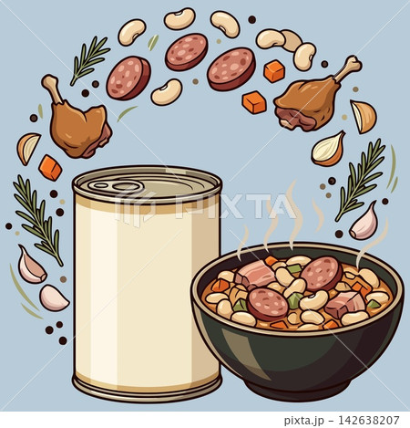 vector illustration of cassoulet with white beans, sausage, duck, and herbs in a bowl next to a food can, commercial stock vector banner mockup vector illustration of cassoulet with white beans, sausage, duck, and herbs in a bowl next to a food can, commercial stock vector banner mockup 142638207