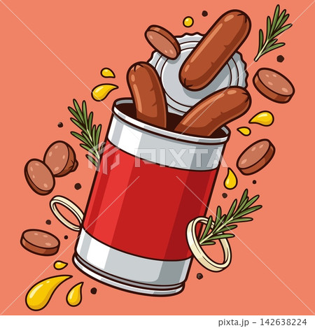 vector illustration of canned sausages or hot dogs in a tin can mockup surrounded by sliced sausage pieces, onion rings, rosemary sprigs, and mustard drops on orange background, commercial stock vecto vector illustration of canned sausages or hot dogs in a tin can mockup surrounded by sliced sausage pieces, onion rings, rosemary sprigs, and mustard drops on orange background, commercial stock vecto 142638224