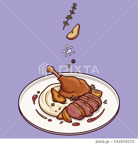 vector illustration of gourmet roasted duck breast and leg with mashed potatoes, sliced pear, herbs, and gravy on a white plate, commercial stock vector banner mockup vector illustration of gourmet roasted duck breast and leg with mashed potatoes, sliced pear, herbs, and gravy on a white plate, commercial stock vector banner mockup 142638255