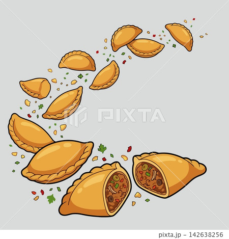 vector illustration of crispy fried empanadas or pastel pastry with savory meat filling and herbs, commercial stock vector banner mockup 142638256
