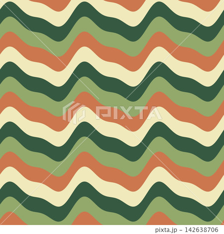 Abstract seamless wave pattern in retro colors with orange green beige wavy lines 142638706