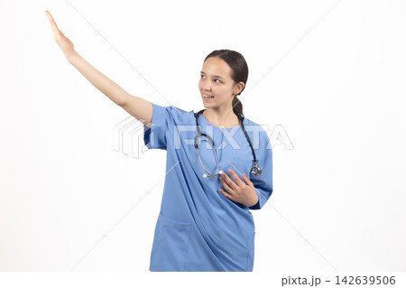 Doctor gesturing with an open palm to offer help and support to a patient nearby Doctor gesturing with an open palm to offer help and support to a patient nearby 142639506
