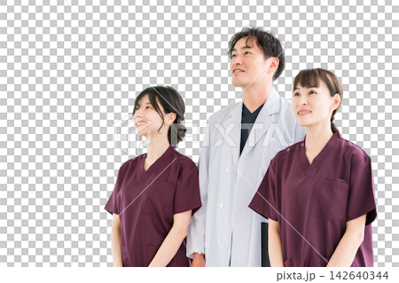 一位醫生和幾位女醫護人員正眺望未來。三張剪報表達了希望和信任。 142640344