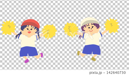 描繪女孩們在趣味運動會上歡呼的插圖。 描繪女孩們在趣味運動會上歡呼的插圖。 142640730