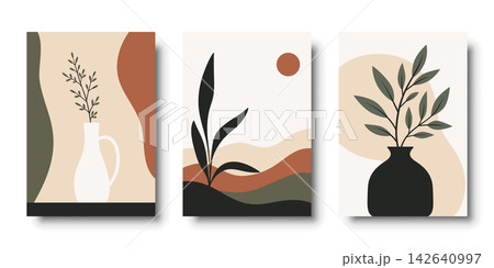 Abstract Wall Art Set, Vector Illustration. Boho Wall Art Prints. Minimal Wall Art Posters with Botanical Vase, Leaves, Terracotta Shapes. Modern Abstract Printable Artwork Collection Abstract Wall Art Set, Vector Illustration. Boho Wall Art Prints. Minimal Wall Art Posters with Botanical Vase, Leaves, Terracotta Shapes. Modern Abstract Printable Artwork Collection 142640997