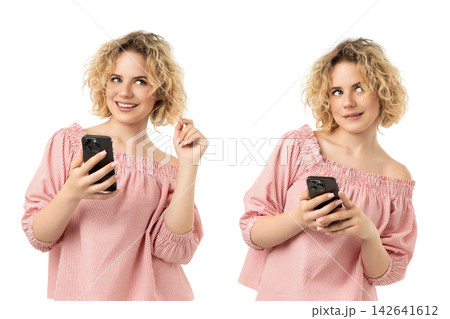 Girl shows playful expressions with her smartphone, isolated, PNG 142641612