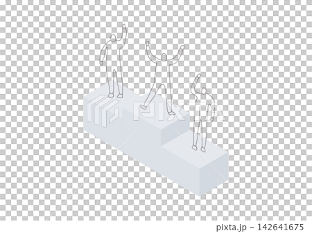 A set of simple isometric illustrations of a podium and hand-drawn figures (grayscale). A set of simple isometric illustrations of a podium and hand-drawn figures (grayscale). 142641675
