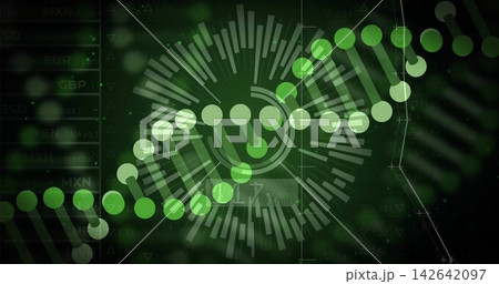 Animating DNA-like helix and central radial HUD on monitor dashboard, with currency ticker panel 142642097