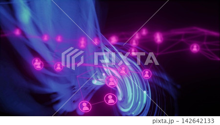 Displaying linked magenta user-node icons pulsing with lit lines in dark void, and blue data stream Displaying linked magenta user-node icons pulsing with lit lines in dark void, and blue data stream 142642133