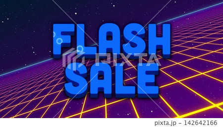 Displaying large blue 3D text 'FLASH SALE' on neon grid as neon banner, with yellow lines 142642166