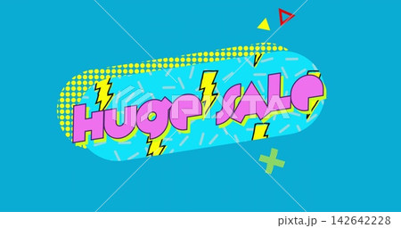 Displaying banner centered on teal field, showing 'HUGE SALE' cyan capsule with lightning bolts Displaying banner centered on teal field, showing 'HUGE SALE' cyan capsule with lightning bolts 142642228