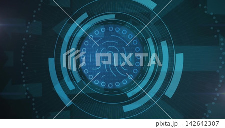 Glowing central biometric fingerprint icon scanning dark teal HUD, showing concentric rings 142642307