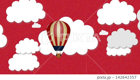 Floating striped hot air balloon drifting over textured backdrop, showing faint seam, white clouds Floating striped hot air balloon drifting over textured backdrop, showing faint seam, white clouds 142642357
