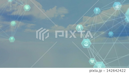 Floating sheer teal hexagonal cluster at right, showing pictogram nodes and connecting lines in sky Floating sheer teal hexagonal cluster at right, showing pictogram nodes and connecting lines in sky 142642422