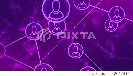 Displaying purple network centered in virtual space, showing circular avatar nodes, neon lines 142642434