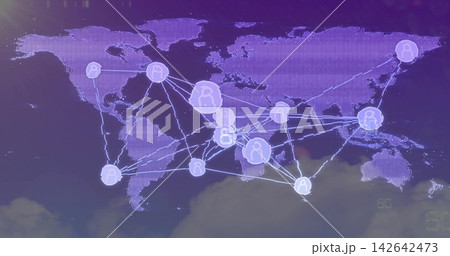 Showing purple dotted world map in digital interface, featuring user-node icons and glowing hubs Showing purple dotted world map in digital interface, featuring user-node icons and glowing hubs 142642473