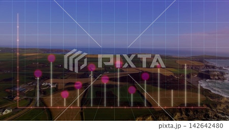 Displaying 3D grid overlay, magenta markers and luminous pillars rising over farmland, cliffs Displaying 3D grid overlay, magenta markers and luminous pillars rising over farmland, cliffs 142642480