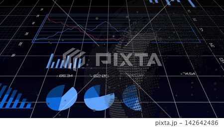 Displaying data dashboard showing multi-line graph, numeric labels, dotted globe on grid plane Displaying data dashboard showing multi-line graph, numeric labels, dotted globe on grid plane 142642486