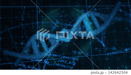 Twisting cyan-blue DNA double helix flowing across virtual UI, displaying grid, globe, readouts Twisting cyan-blue DNA double helix flowing across virtual UI, displaying grid, globe, readouts 142642504