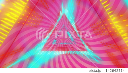 Glowing cyan triangle pulling into VR tunnel with pink spiral, cyan rays, yellow bars, orange dots Glowing cyan triangle pulling into VR tunnel with pink spiral, cyan rays, yellow bars, orange dots 142642514