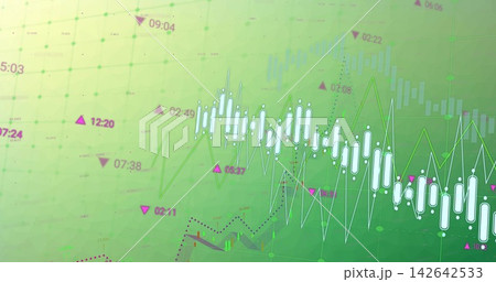 Displaying financial chart with white candles on trading display, showing green and blue graphs Displaying financial chart with white candles on trading display, showing green and blue graphs 142642533