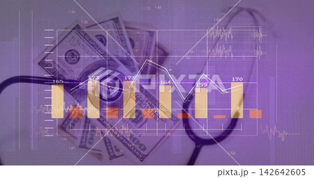 Displaying central stethoscope chestpiece resting on spread of US $100 bills, with overlaid charts Displaying central stethoscope chestpiece resting on spread of US $100 bills, with overlaid charts 142642605