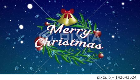 Showing green laurel wreath, gold bell, red baubles, white Merry Christmas text on night-sky card 142642624