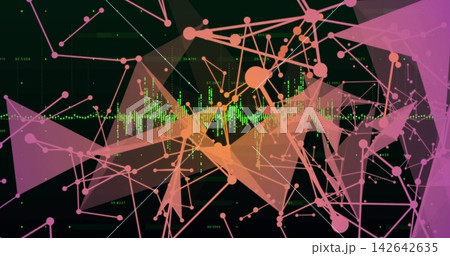 Showing data network graph filling frame, glowing nodes, facets and edges, green waveform readouts 142642635