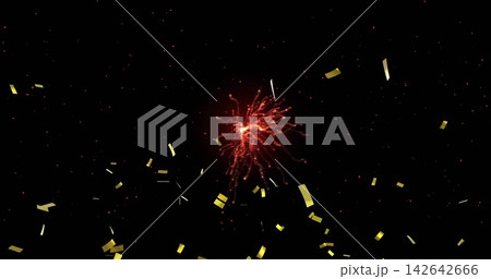 Exploding red firework burst sending red spark trails across night sky, metallic gold confetti Exploding red firework burst sending red spark trails across night sky, metallic gold confetti 142642666