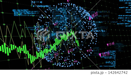 Finance UI updating on tick, animating green candles, yellow trend, blue globe for market insight 142642742