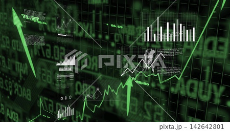 Displaying rising green trend line moving across onscreen trading dashboard, with bars and arrows Displaying rising green trend line moving across onscreen trading dashboard, with bars and arrows 142642801