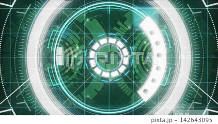 Rotating central HUD hovering over teal grid, displaying concentric rings, reticle and radial ticks Rotating central HUD hovering over teal grid, displaying concentric rings, reticle and radial ticks 142643095