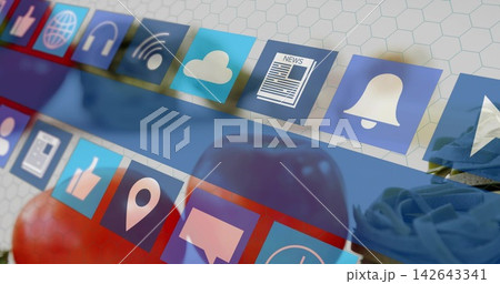 Floating app icon tiles crossing white hex tiles, showing red apple and blue fabric 142643341