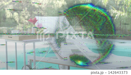 Reclining white lounge chair with wheels at turquoise pool by table holding pink bloom under glitch Reclining white lounge chair with wheels at turquoise pool by table holding pink bloom under glitch 142643373