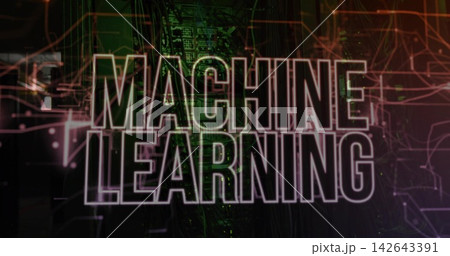 Dominating outlined MACHINE LEARNING title glowing over circuit backdrop with PCB traces and nodes Dominating outlined MACHINE LEARNING title glowing over circuit backdrop with PCB traces and nodes 142643391