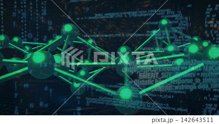 Glowing green network rotating in virtual data space with nodes rods tubular links particles code 142643511