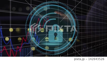 Displaying circular blue HUD with padlock, concentric dotted rings on glass, red-blue charts +5 Displaying circular blue HUD with padlock, concentric dotted rings on glass, red-blue charts +5 142643526
