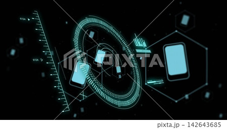 Rotating central holo ring linking phone icons in virtual HUD, showing ruler, hex frames, nodes Rotating central holo ring linking phone icons in virtual HUD, showing ruler, hex frames, nodes 142643685