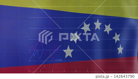 Showing Venezuelan flag on screen, rippling blue band with seven stars, magenta cyan charts +1 142643790