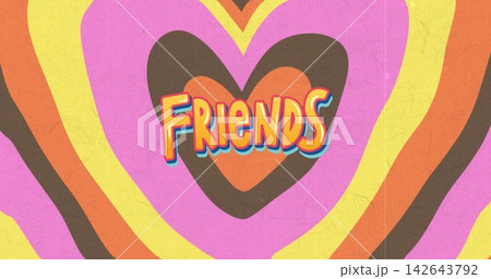 Displaying central heart motif radiating retro bands on poster, showing FRIENDS text and scuffs Displaying central heart motif radiating retro bands on poster, showing FRIENDS text and scuffs 142643792