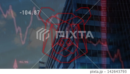 Showing red geometric bear-face overlaying glass high-rise, with red line charts, numeric labels 142643793