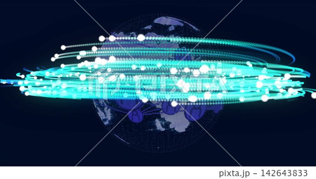 Rotating digital globe emitting cyan rings in digital display, with white nodes and motion blur Rotating digital globe emitting cyan rings in digital display, with white nodes and motion blur 142643833