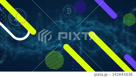Displaying teal particle waveform stretching across navy field, with lime bars and Bitcoin icon Displaying teal particle waveform stretching across navy field, with lime bars and Bitcoin icon 142643836