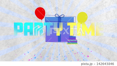 Showing PARTY TIME text with gift-box with bow at center, left red balloon, right yellow balloon Showing PARTY TIME text with gift-box with bow at center, left red balloon, right yellow balloon 142643846