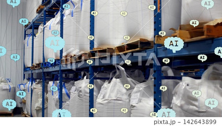 Displaying stacked white bulk bags on blue racking in warehouse, showing pallets and AI overlays Displaying stacked white bulk bags on blue racking in warehouse, showing pallets and AI overlays 142643899