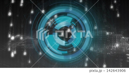 Displaying central HUD with concentric rings and radial ticks in digital UI, streaming 1s and 0s 142643906