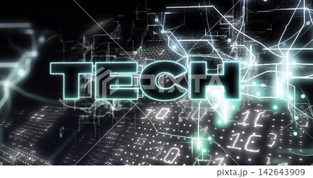 Glowing neon TECH logo casting cyan light over virtual grid, with wireframe cubes and binary digits Glowing neon TECH logo casting cyan light over virtual grid, with wireframe cubes and binary digits 142643909